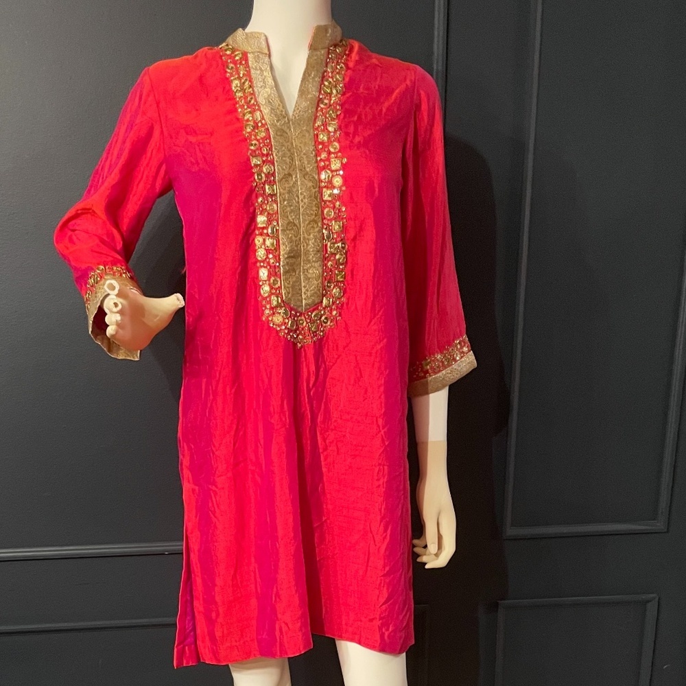 NWT Nishat Linen Red/Pink Shimmer Tunic Shirt with Gold Embroidery Trim Sz. 2 US
